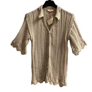 Solitaire Sweater L Beige Crochet Open Knit Short Sleeve Layer Boho Hippie Beach